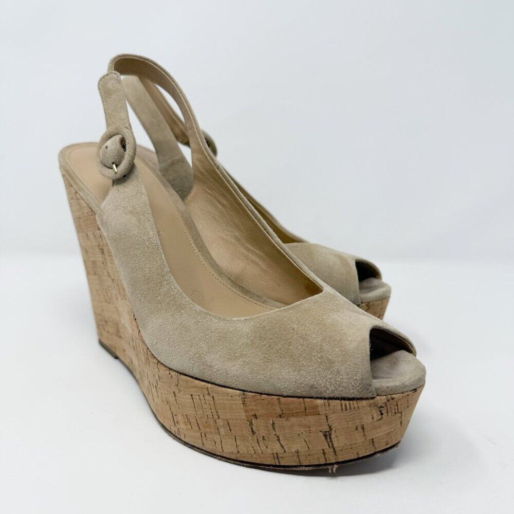 Veronica Beard Tan Suede Peep Toe Slingback Cork Wedges Women's Sz 8.5 High Heel